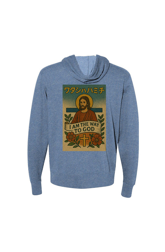 “ワタシハミチ – I Am the Way to God“ Heathered French Terry Full-Zip Hooded Sweatshirt